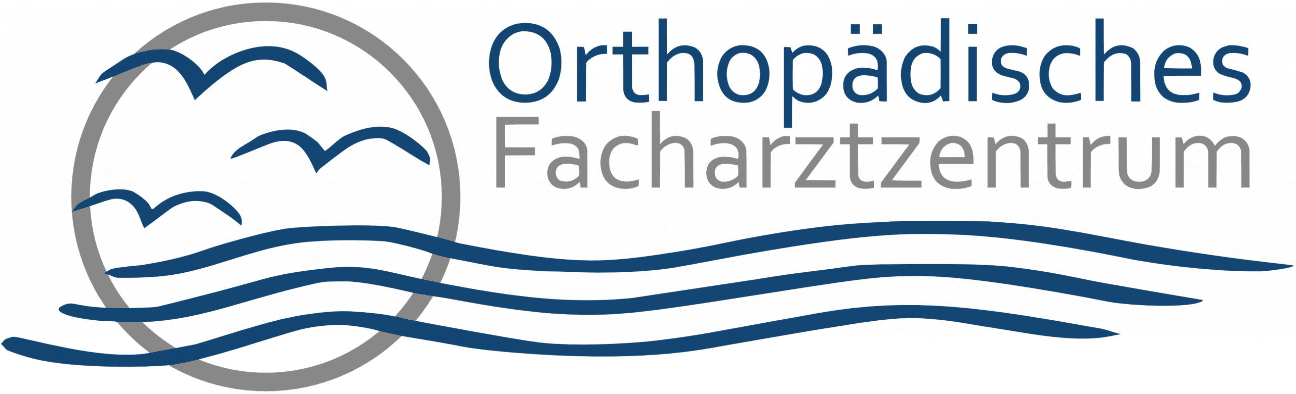 Logo Orthopädisches Facharztzentrum mit stilisierten blauen Möwen, grauem Kreis und blauen Wellenlinien.